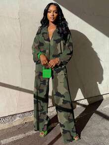 2pcs Women's Casual Printed Pleated Shirt & Wide Leg Pants Set Spring Elegant - Camouflage Green - View 2