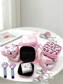 2pcs/Set Pastel Print Mini Data Cable & Earphone Storage Bag With Cat Paw Cable Organizer, Hard Shell Anti-Collision Interior With Mesh Divider, Stores Earphones, Data Cables, Chargers And Other Digital Accessories, Comes With Hanging Strap For Backpack, Convenient For School And Travel - Multicolor - View 1
