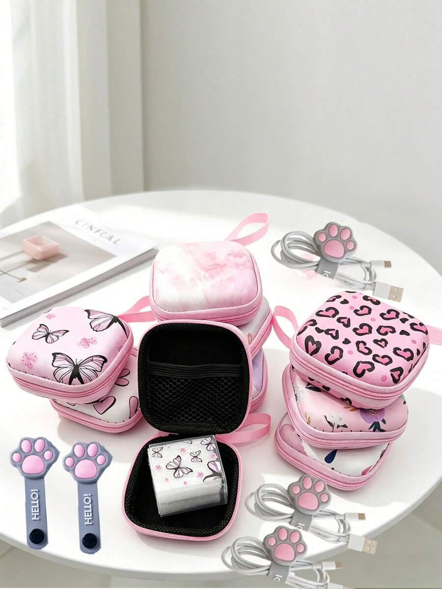 2pcs/Set Pastel Print Mini Data Cable & Earphone Storage Bag With Cat Paw Cable Organizer, Hard Shell Anti-Collision Interior With Mesh Divider, Stores Earphones, Data Cables, Chargers And Other Digital Accessories, Comes With Hanging Strap For Backpack, Convenient For School And Travel - Multicolor - View 1