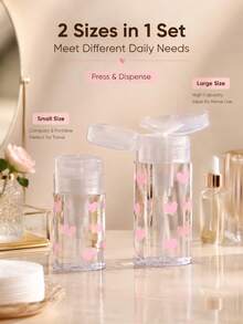 1/2pcs Heart Pattern Pump Bottle Set, Travel Refillable Container 150ml/200ml, Toner Lotion Makeup Remover Storage Dispensing Bottle, Press-To-Dispense, Portable Cosmetic Accessory, Leak-Proof Design, Suitable For Skincare Beauty Daily, Home, Salon, Travel - Multicolor - View 1