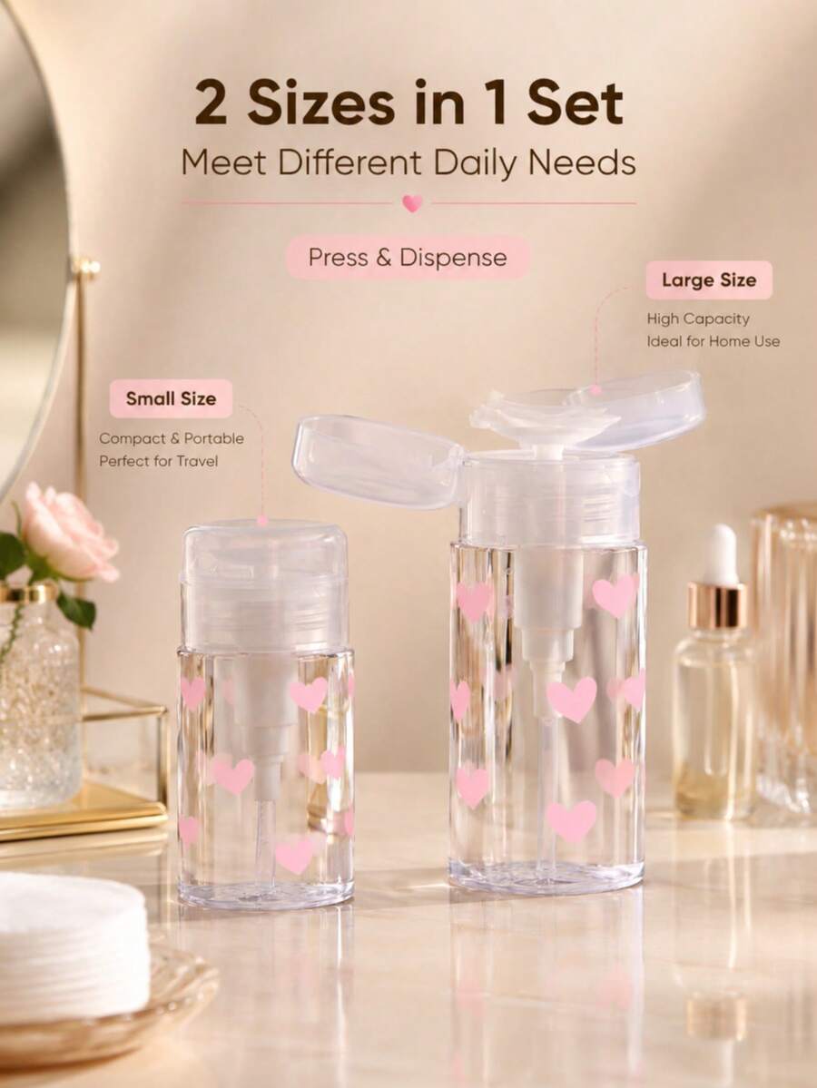 1/2pcs Heart Pattern Pump Bottle Set, Travel Refillable Container 150ml/200ml, Toner Lotion Makeup Remover Storage Dispensing Bottle, Press-To-Dispense, Portable Cosmetic Accessory, Leak-Proof Design, Suitable For Skincare Beauty Daily, Home, Salon, Travel - Multicolor - View 1