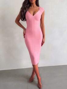 Pink Satin Midi Dress For Women, Sleeveless Fitted Elegant Sexy Ribbed Cocktail Party Dress, Spring/Summer Fashion - Pink - View 8