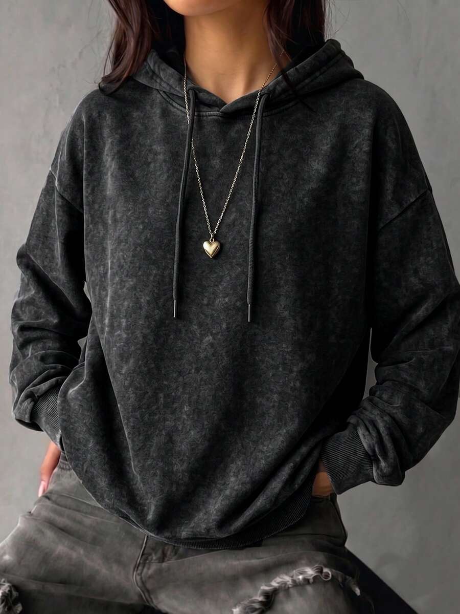Sweatshirt Wanita Musim Gugur/Dingin Terbaru, Longgar, Minimalis, Warna Polos, Kasual, Modis, Serbaguna, Berlapis Termal - Hitam - View 1