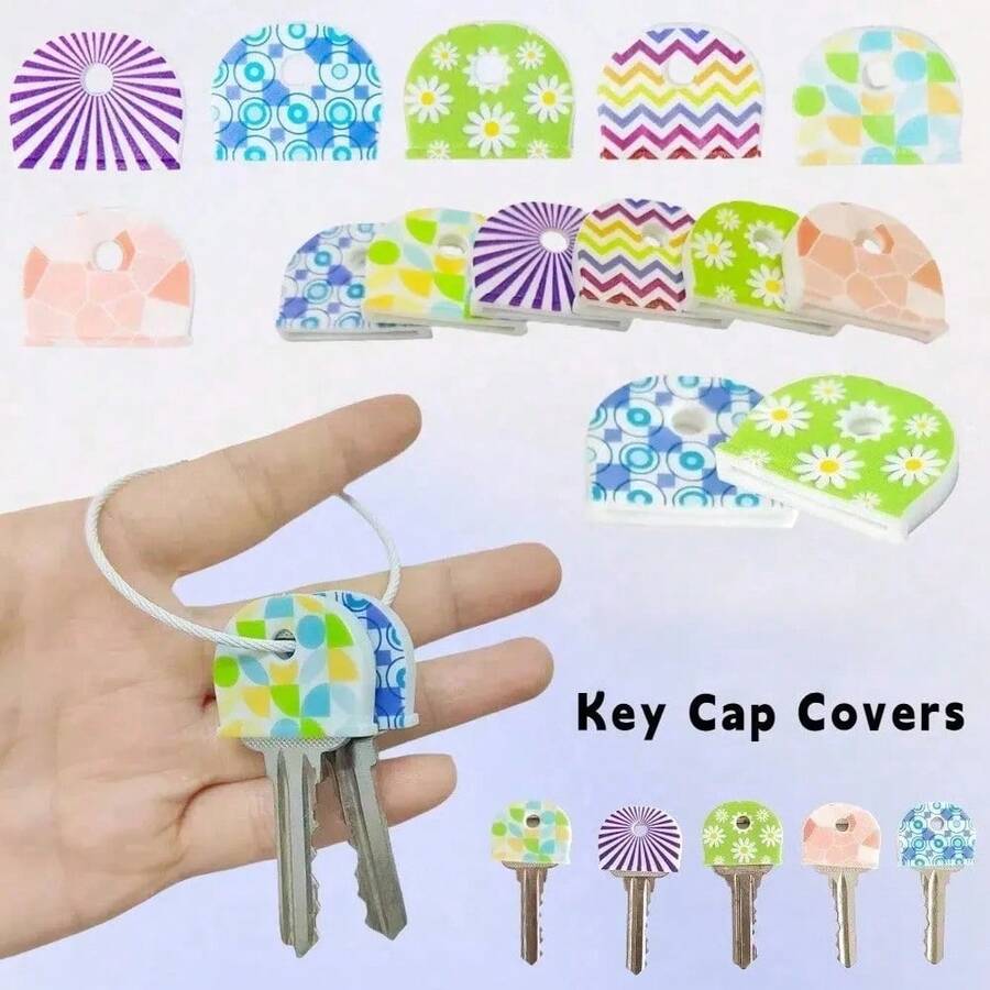 2-8pcs Random Color Printed Silicone Key Covers, Multiple Pattern Key Head Identification Caps, Home & Office Key Easy Identification Protective Caps, D-Shaped Key Head Label Covers, Easily Distinguish Various Keys