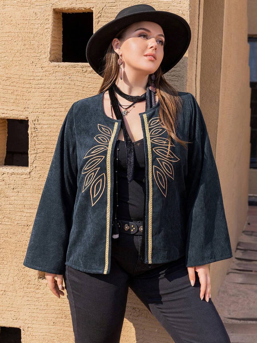 Jaket Bohemian Vintage Bordir Korduroi Biru Tua untuk Wanita Ukuran Besar - Navy Blue - View 1