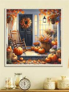 1pc Diamond Painting Kit, Cozy Autumn Porch Diamond Art, Vintage Rocking Chair Pumpkin Maple Leaf Decorative Painting, Handmade DIY Diamond Sticker Wall Art For Living Room Entrance, Holiday Gift - round diamond - View 3