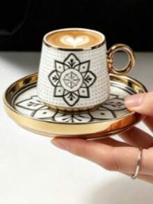 1 Set 90ml Ceramic Coffee Cup & Saucer, Mandala Pattern, Microwave & Dishwasher , Includes 1 Espresso Cup And 1 Arabic Coffee Cup, Suitable For Afternoon Tea, Cafe, Kitchen And Home Decor - Multicolor - View 6