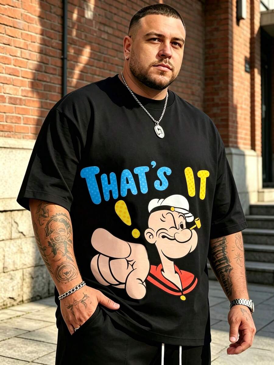 Plus Size Men's American Retro Cartoon Character Fun Print Crew Neck Short Sleeve T-Shirt, Loose Fit Slimming Plus Size Skin-Friendly Summer Black - Black - View 1