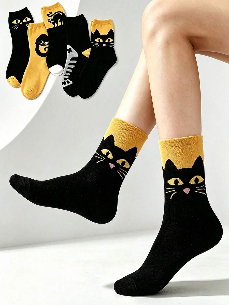 5 Pairs Fun Cartoon Black Cat Contrast Color Mid-Calf Socks, Regular ...