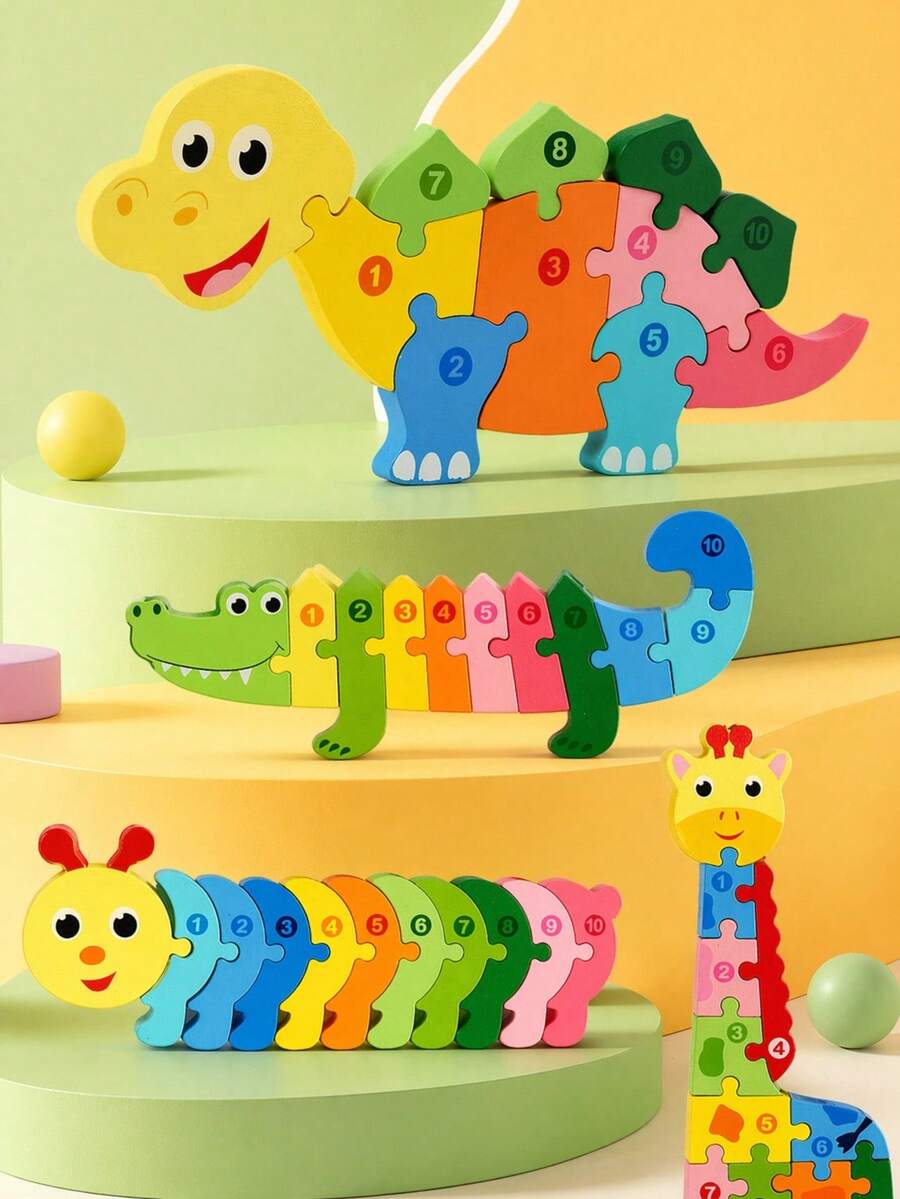 幼儿木制拼图玩具,动物造型3D拼图,木制恐龙、毛毛虫、长颈鹿、鳄鱼拼图,训练精细动作技能和逻辑思维能力 - 彩色 - 查看 1