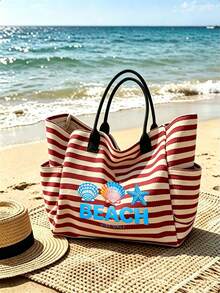 1/2件組條紋托特包與化妝包套裝，印花「Beach」圖案，適合度假、旅行、通勤、購物，送給家人與朋友的禮物 - 彩色 - 查看 16