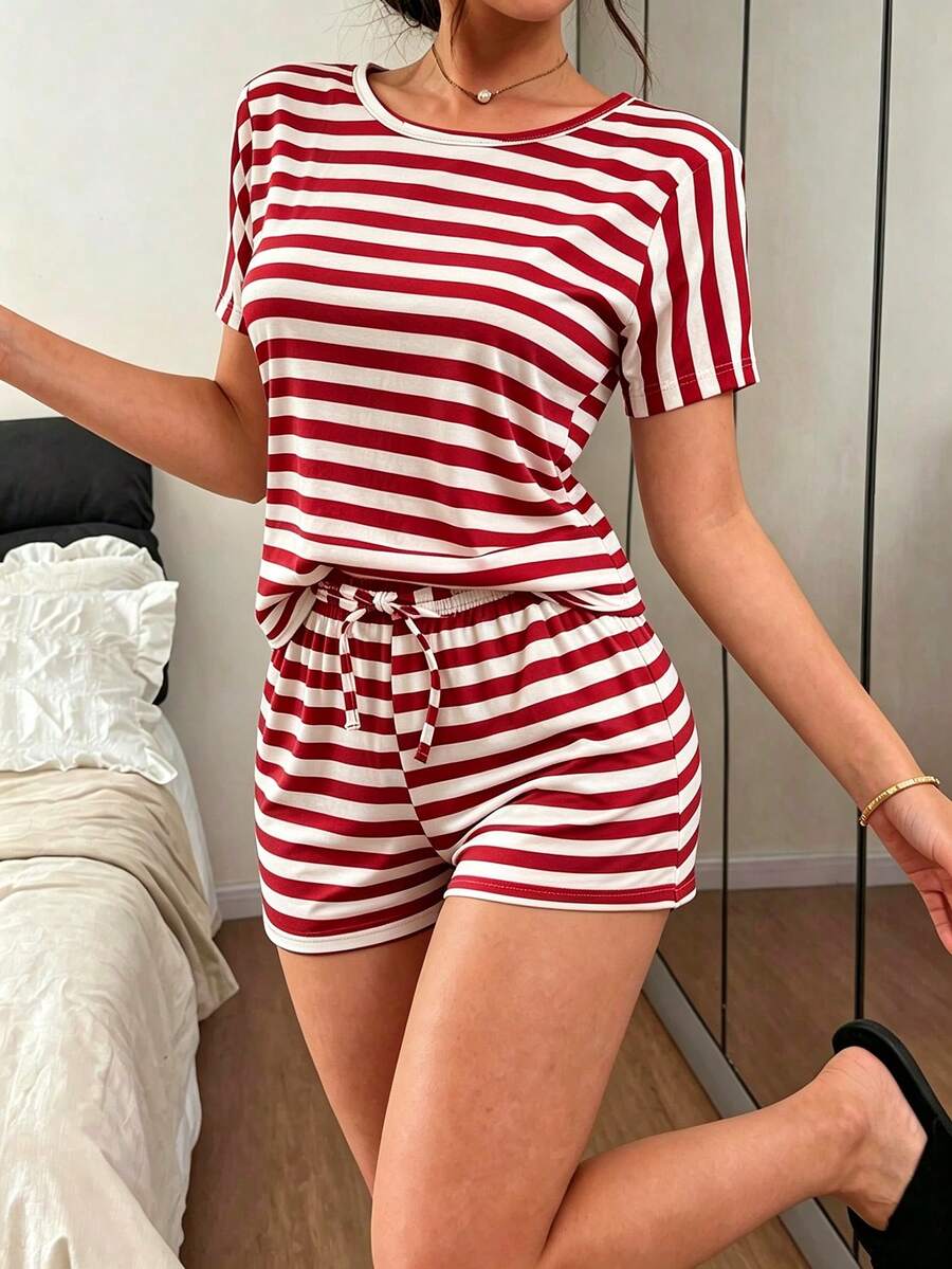 Women's Striped Print Short Sleeve Shorts Pajama Set, Spring/Summer - Red - View 1