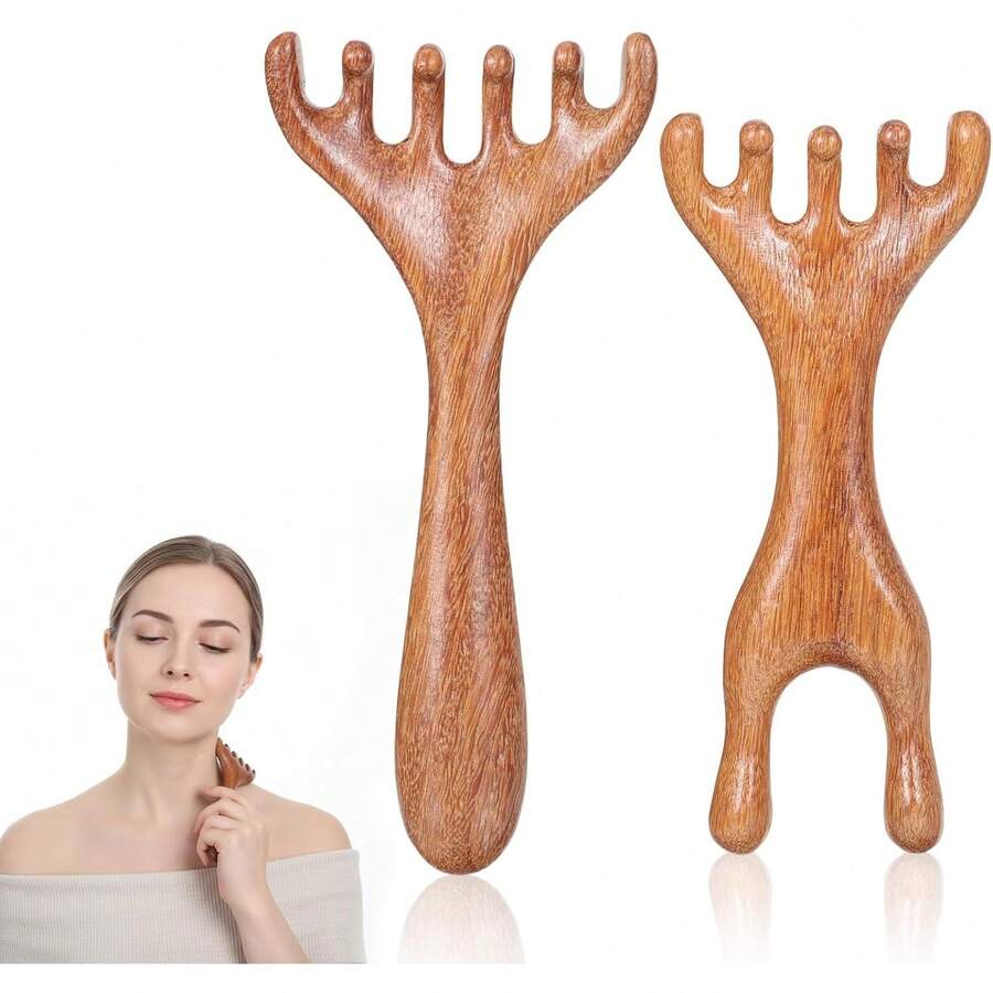 2 món dụng cụ massage da đầu bằng gỗ, lược Gua Sha gỗ đàn hương massage đầu thủ công giúp thư giãn sâu, dụng cụ massage chân - màu nâu - Xem 1