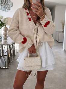 Women's Knitted Lace-Up V-Neck Cardigan, Decorated With Red Heart Pattern, Long Sleeve Design, Perfect Choice For Autumn Outfit. - Apricot - View 1