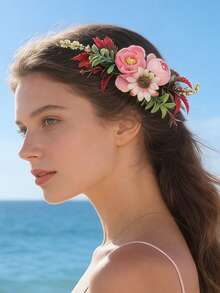 1pc Bohemian Style Thai Headpiece Festival Carnival Beach Vacation Side Hair Comb - Pink - View 5