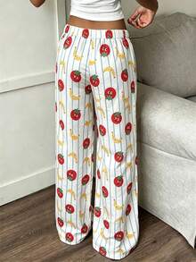 Women's Long Pajama Pants, Elastic Waist, Vertical Striped Tomato & Banana Cartoon Print, Loose Straight Leg Lounge Pants - Multicolor - View 4
