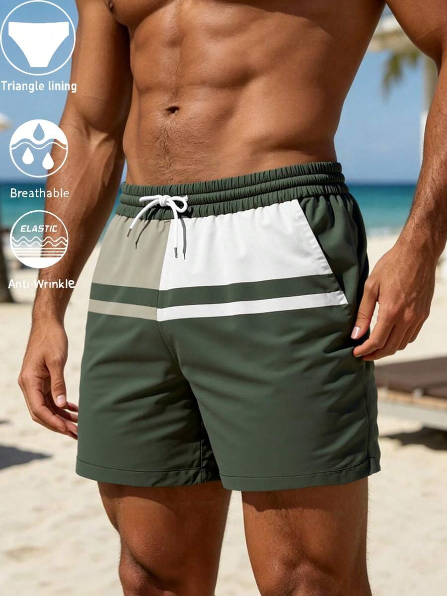 Men's Color-Block Swim Trunks (Red, White, And Navy Stripes; With Built-In Brief Liner)