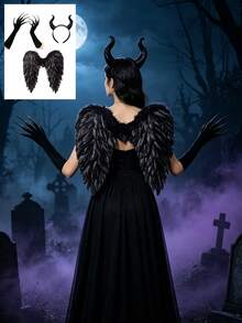 暗黑女巫服裝套裝 黑色惡魔角髮箍 羽毛天使之翼 長爪手套 哥德風 Cosplay 配件 邪惡女王派對裝扮 - 彩色 - 查看 6