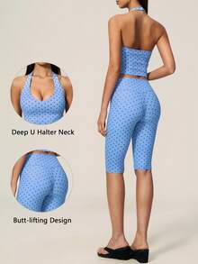 TimeOff Women's One Set Polka Dot Halter V-Neck Backless Tank Top & Bermuda Shorts Sports Set - Baby Blue - View 10