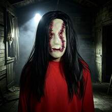 1pc Horror Stitched Face Ghost Mask With Long Black Hair, Female Ghost Cosplay Mask, Halloween Party Haunted House Costume Prop - Multicolor - View 1