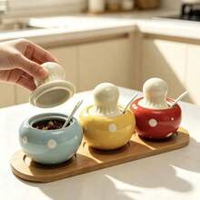 2pcs Cute Polka Dot Mushroom Ceramic Seasoning Jar Set With Lids And Spoons, Airtight Spice Storage Containers With Bamboo Tray, Dust-Proof Condiment Holder For Kitchen Countertop Cooking, Adorable Kitchen Gadget Gift For Home Cooks - View 3