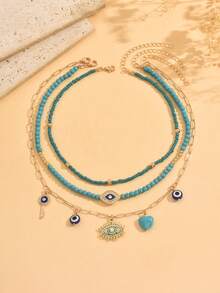 3pcs/Set Bohemian Style Blue Turquoise Beaded Necklace With Gold Handmade Chain And Evil Eye Pendant, Collarbone Chain Jewelry Set For Women, Can Be Worn Separately Or Layered, Suitable For Daily Wear, Photography Or Beach Outings - Multicolor - View 2