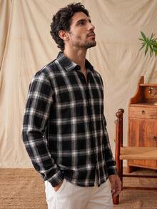 glestore Men's Retro-Style Casual Black-And-White Checkered Long-Sleeve Shirt-Perfect For All Seasons, Casual And Stylish - Black and White - View 3