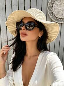 Women's Ruffle Wavy Wide Brim Straw Sun Hat, Foldable Soft Brim Beach Hat, UV Protection Vacation Outdoor Hat - Multicolor - View 5