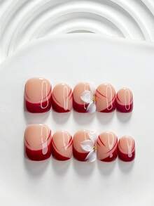 10 piezas de uñas postizas de estilo vintage hechas a mano, set de arte de uñas de polygel, flores pintadas a mano en blanco con líneas rojo oscuro, esmalte de uñas rojo, estilo minimalista, incluye herramientas para uñas, 3 tamaños disponibles, forma cuadrada/cuadrada corta/almendra, adecuado para fiestas, baile, uso diario - Multicolor - Ver 16