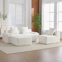 Beige Modular Sofa With Ottoman - L Shape - Beige 3 Seat - View 5