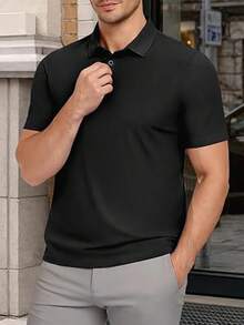 Men's Solid Color Short Sleeve Polo Shirt, Casual Fashion, Suitable For Daily Wear - Black - View 2