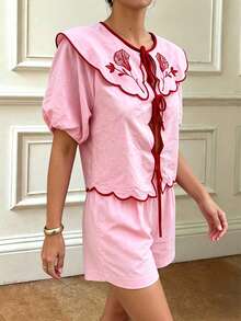 Women's Peter Pan Collar Embroidered Lantern Sleeve Shorts 2-Piece Set, French Vintage Style Casual Outfit, Spring/Summer Vacation Daily Wear - Pink - View 2