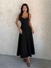 Women's Summer Black A-Line Spaghetti Strap Elegant Dress For Birthday, Holiday, Party - Black - View 6