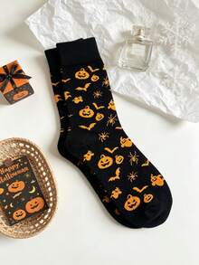 1 Pair Black Base Orange Pattern Halloween All-Over Print Mid-Calf Socks, Pumpkin Bat Spider Goblin Fun Print Party Atmosphere Unisex Slouch Socks - Multicolor - View 6