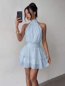 Vestido mini elegante de moda con cuello halter, espalda descubierta y volantes en capas - Boda - Celeste - Ver 4