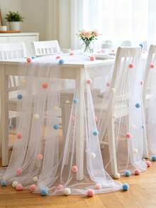 1/2pcs Cute Party Tablecloth With 3D Velvet Pom Poms, Colorful Polka Dot Sequin Tulle Table Runner, Macaron Color Mesh Gauze Rainbow Restaurant Decor, Suitable For Birthday Wedding Home Party - Multicolor - View 5