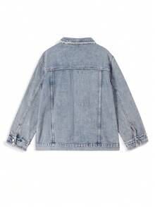 Women's Frayed Hem Drop Shoulder Long Sleeve Denim Jacket - Light Wash - View 6
