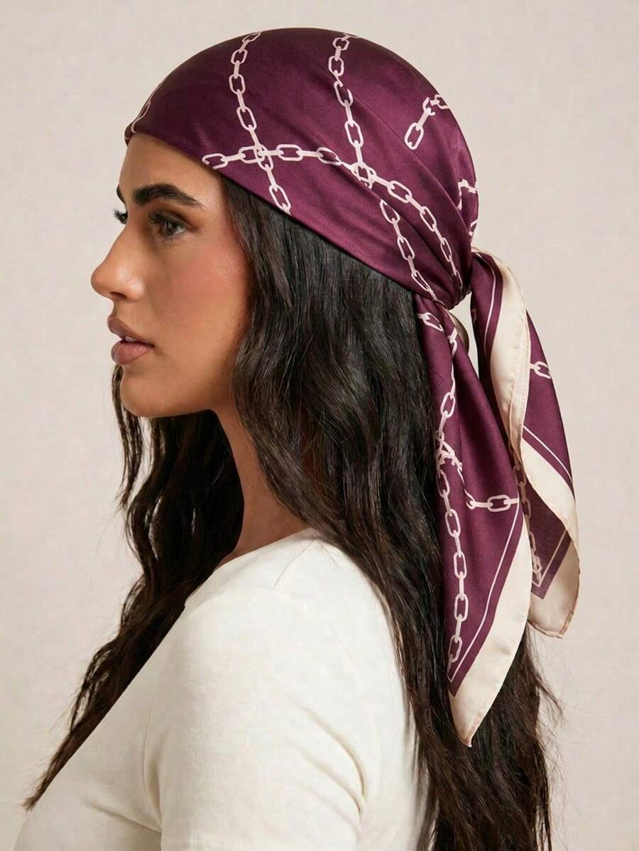 1pc Burgundy Chain Print Silk Satin Vintage Elegant Spring/Summer Women's Square Scarf, Multifunctional Breathable Hair Band, Suitable For Daily And Party Wear - Purple - View 1