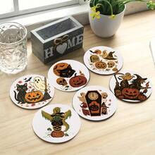 1 Set Wooden Halloween Ghost Pumpkin Coasters With Cork Base And Iron Frame, Gothic Wooden Beverage Coasters, Suitable For Halloween Party Supplies, Gift For Friends - Multicolor - View 8
