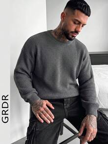 GRDR 男士休闲提花针织圆领长袖毛衣 - 深灰色 - 查看 1