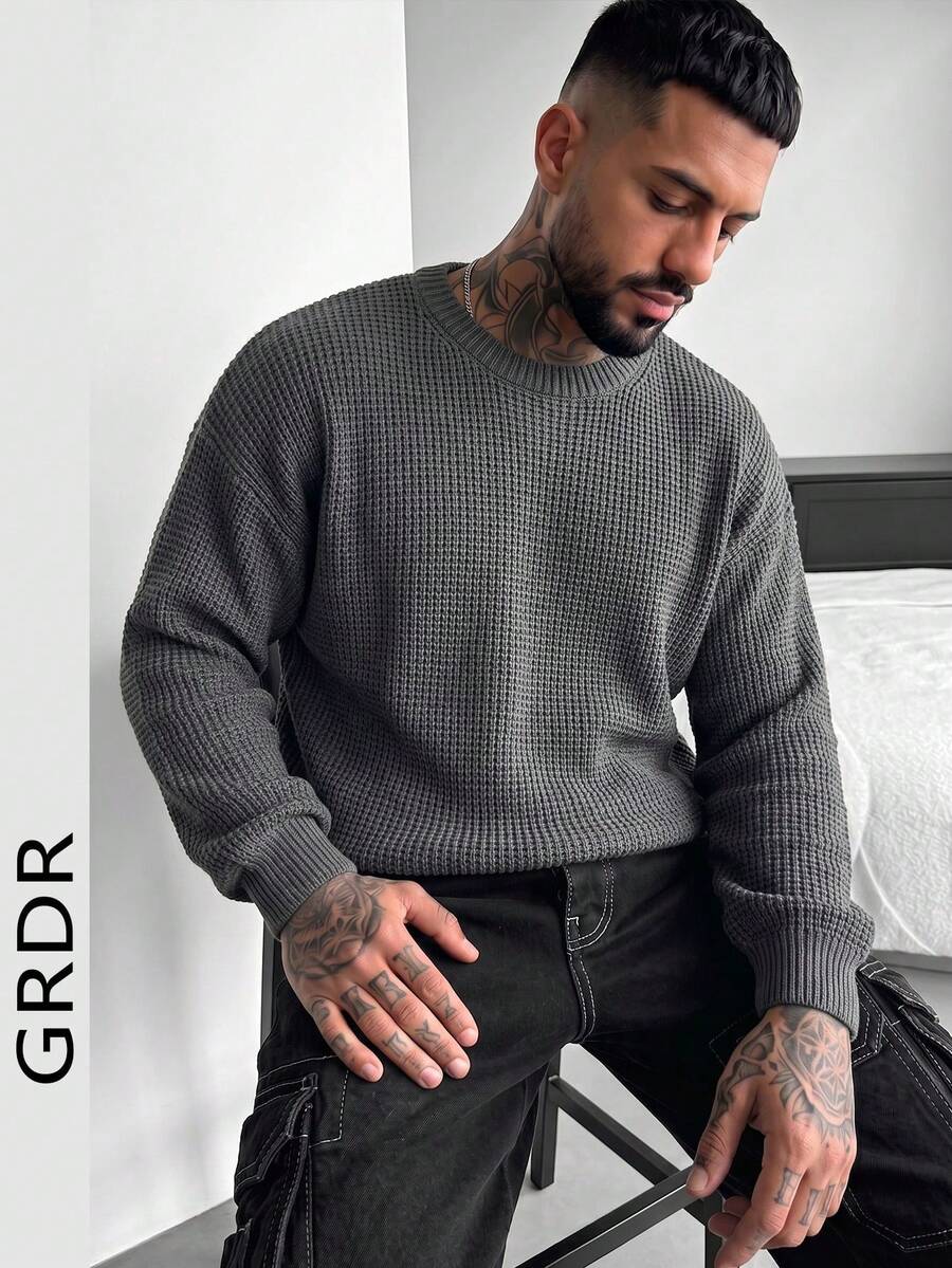 GRDR 男士休闲提花针织圆领长袖毛衣 - 深灰色 - 查看 1