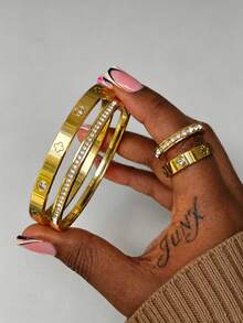 4pcs Stainless Steel Inlaid Shell Plated Gold Bracelet & Ring Set, Waterproof & Fade-Resistant, Suitable For Women's Daily Wear, Holiday Gift - SGS510 Gold - View 5