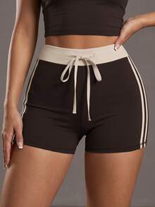 Soyun New Summer Colorblock Striped Drawstring Shorts, Suitable For Daily Casual, American Street Style, Outdoor Activities, Beach Party Sports - Brown - View 7