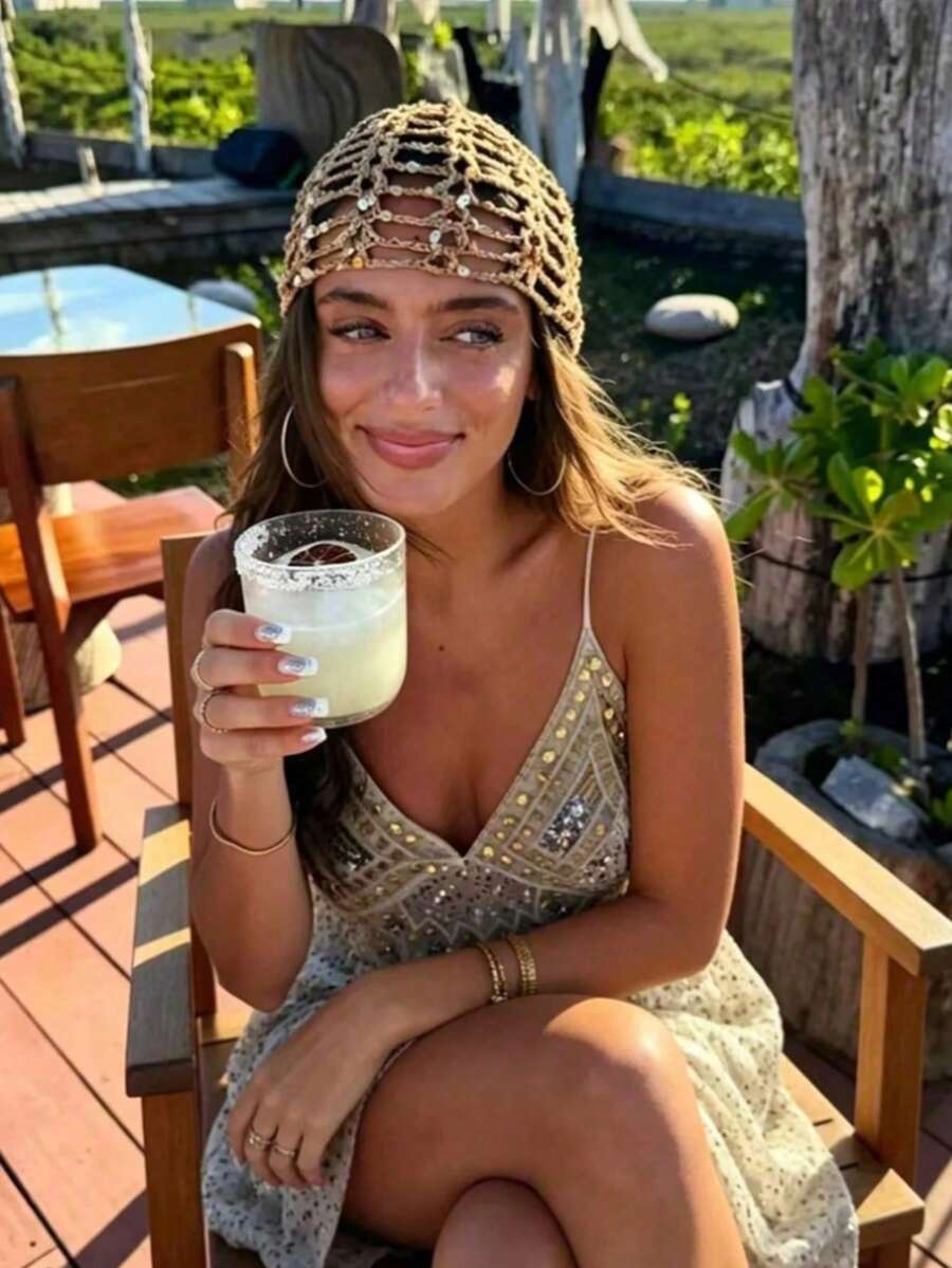 1pc Y2K Style Handmade Knitted Mesh Hat, Cute Casual And Fashionable, Decorated With Sequins And Breathable, Ins Style Sequined Hollow Knitted Bucket Hat Korean Version Versatile Face-Slimming Slouchy Hat , Suitable For Travel, Photography And Daily Wear, Fisherman Hat Style - Multicolor - View 1