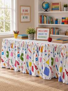 1pc Back To School Classroom Table Skirt, Colorful Crayon Scissors Glue Notebook Star Stationery Print Pleated Tablecloth, Hook And Loop Wrinkle-Resistant Washable, Teacher Desk Handmade Market Education School Event Display Table Decor - Multicolor - View 2