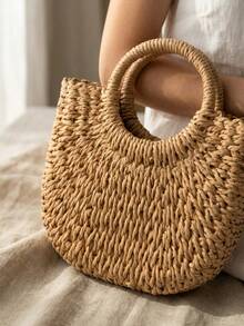 3 piezas/2 piezas/1 pieza Bolso de mano tejido en forma de media luna, tejido semicircular minimalista hecho a mano, esencial para vacaciones de verano, adecuado para el atuendo diario de la mujer, decoración del hogar, almacenamiento de viaje, aplicable para vacaciones en la playa, compras y turismo - Ver 5