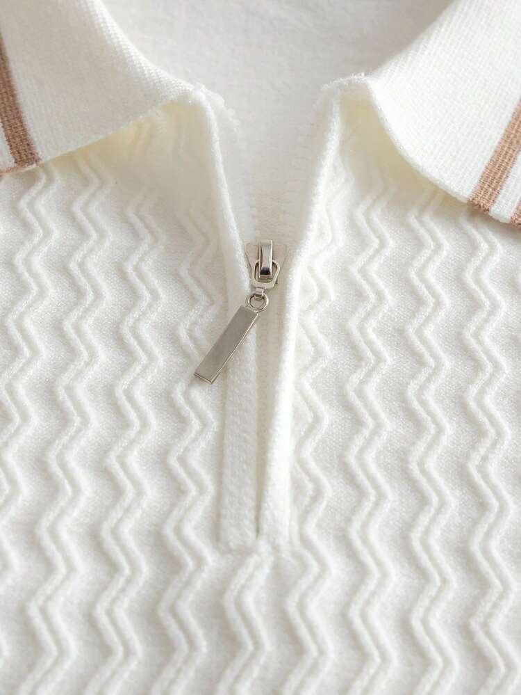 Boys' Preppy Polo Collar Half-Zip Long Sleeve Knit Sweater With 3D Wave Texture And Contrast Stripes, Casual Versatile Pullover For Daily Wear And School, Spring/Autumn/Winter - White - View 5