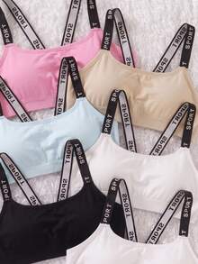 2pcs Random Color Teen Girls Letter Strap Seamless Non-Wired Thick Training Bra Sports Crop Tank Top Student Girl Underwear - Multicolor - View 4