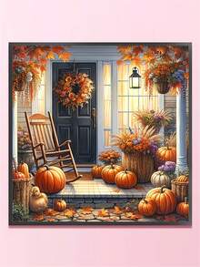 1pc Diamond Painting Kit, Cozy Autumn Porch Diamond Art, Vintage Rocking Chair Pumpkin Maple Leaf Decorative Painting, Handmade DIY Diamond Sticker Wall Art For Living Room Entrance, Holiday Gift - round diamond - View 2