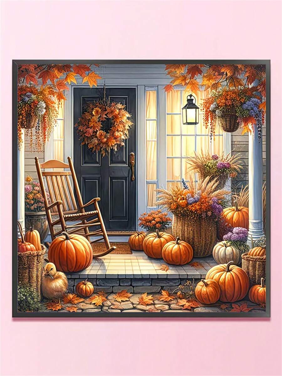 1pc Diamond Painting Kit, Cozy Autumn Porch Diamond Art, Vintage Rocking Chair Pumpkin Maple Leaf Decorative Painting, Handmade DIY Diamond Sticker Wall Art For Living Room Entrance, Holiday Gift